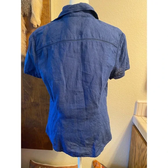 Women's Blue Button-Up 100% Linen Shirt - Picture 4 of 6